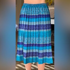 Vintage Blue Patterned Pleated Midi Skirt M 10 6